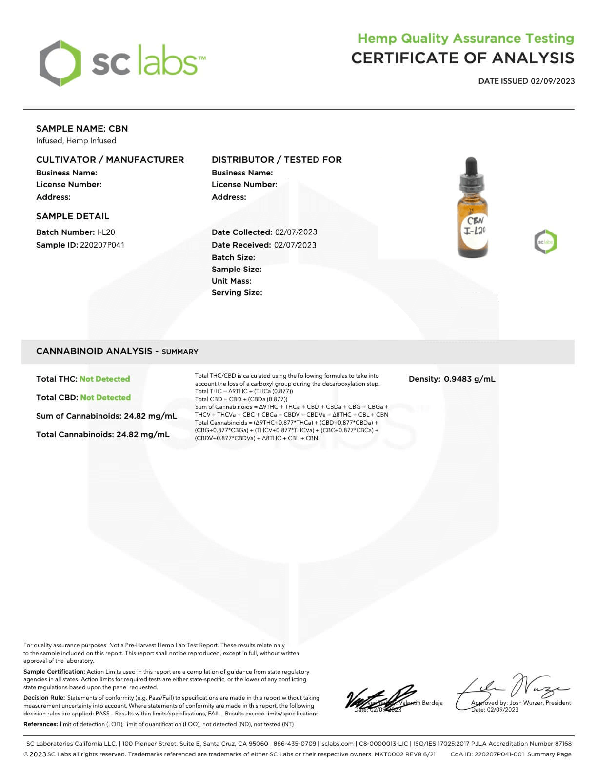 COA for CBN tincture ensuring potency and quality.