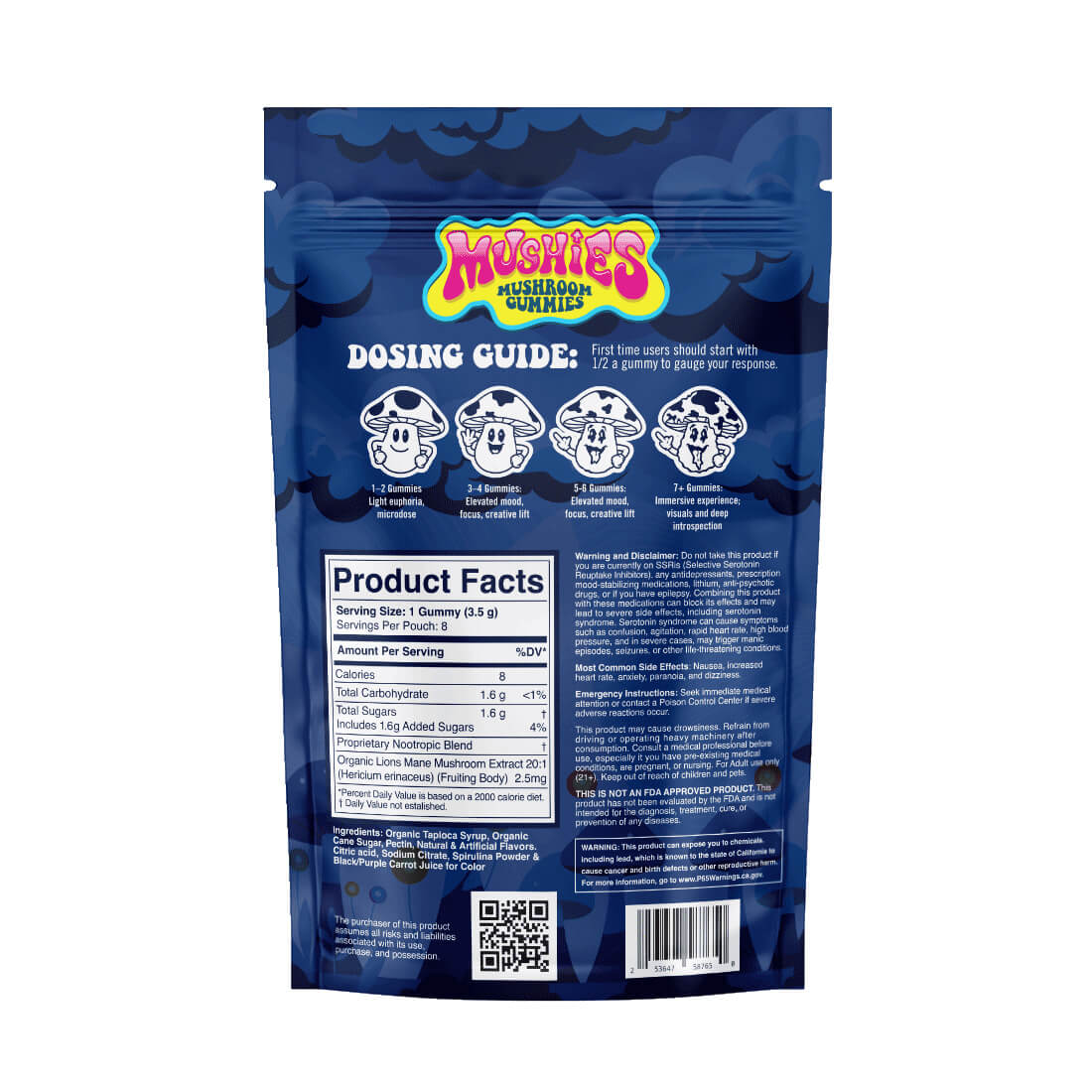 Mushies Wholesale Blue Raspberry Magic Mushroom Gummies back packaging with nutrition facts, ingredients, dosing guide, and caution label.