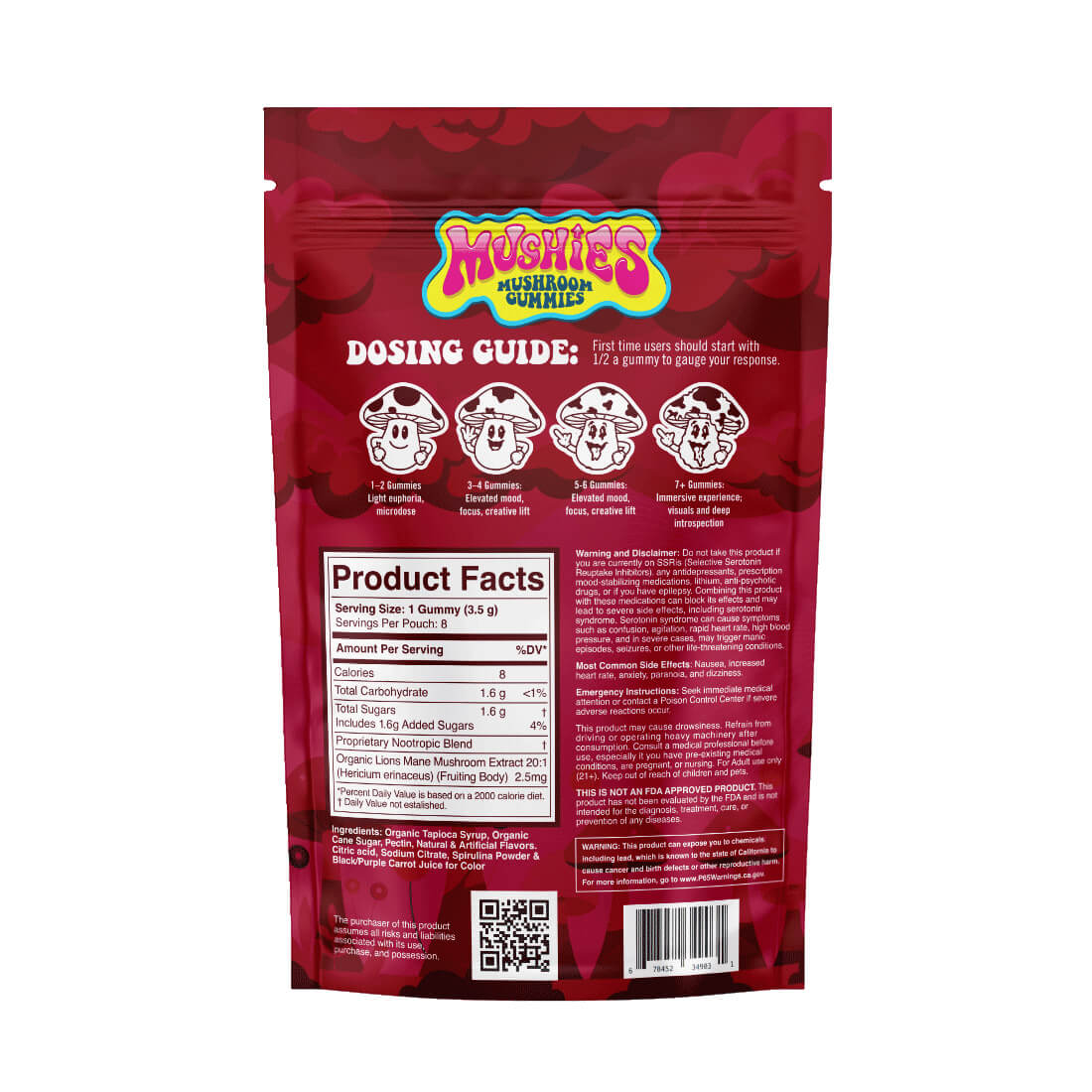 Mushies Wholesale Strawberry Magic Mushroom Gummies back packaging with nutrition facts, ingredients, dosing guide, and caution label.