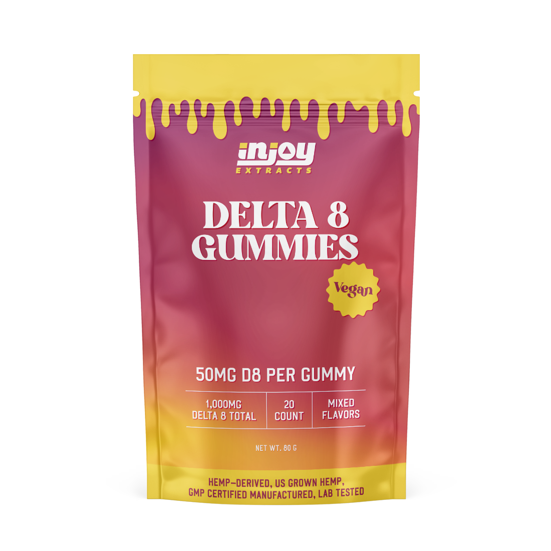 vegan delta 8 gummies with 50mg of delta 8 in each gummy. each pack has 20 gummies