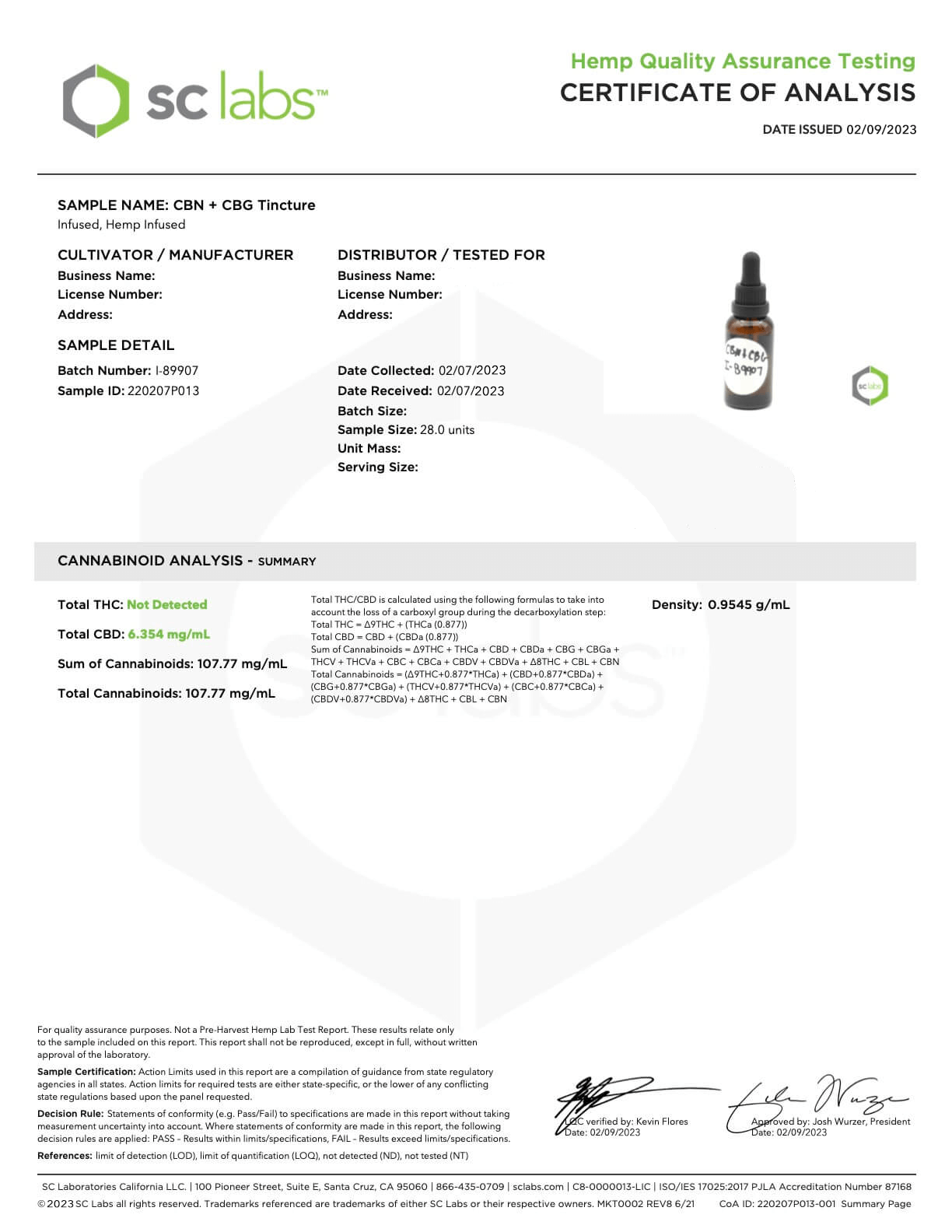 COA for the tincture that contains CBN and CBG