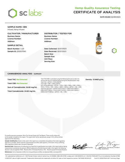 COA for CBN tincture ensuring potency and quality. 