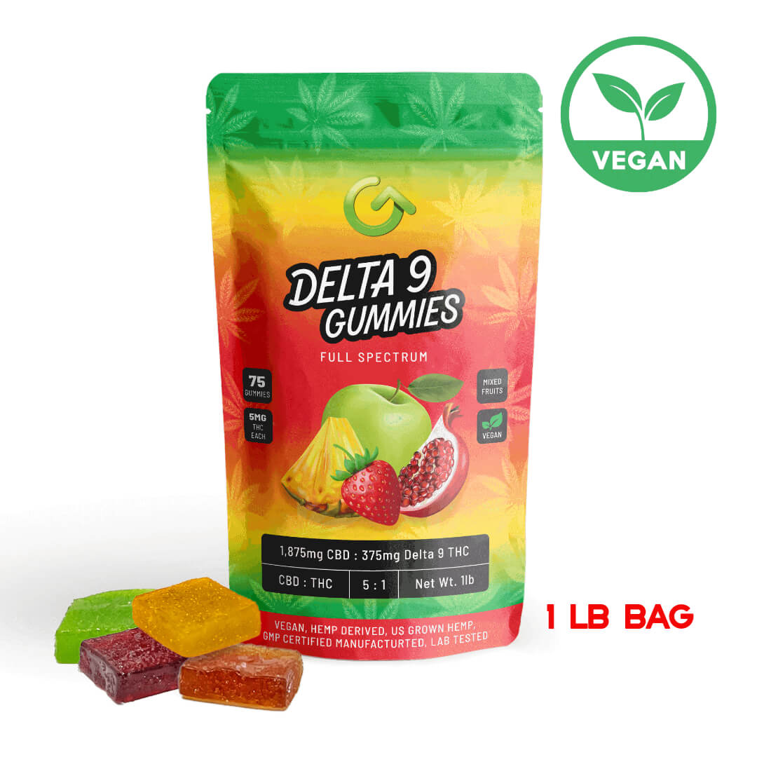 wholesale delta 9 gummies, they are vegan and contain 5mg of delta 9 per gummy, they come in a one pound bag with 83 gummies per bag