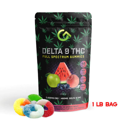 one pound bag of wholesale delta 9 gummy rings, each ring contains 10mg of delta 9 THC and there is 48 rings per bag