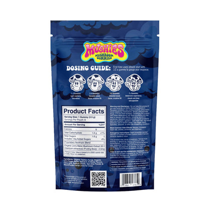  Mushies Wholesale Blue Raspberry Magic Mushroom Gummies back packaging with nutrition facts, ingredients, dosing guide, and caution label.