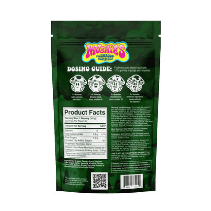 Mushies Wholesale Apple Magic Mushroom Gummies back packaging with nutrition facts, ingredients, dosing guide, and caution label.
