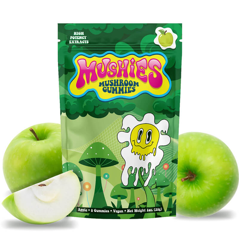 Mushies Wholesale Apple Magic Mushroom Gummies front bag showing high potency, 10 gummies, flavor art, and logo design.