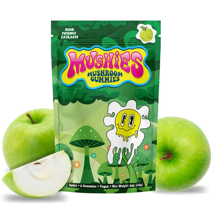 Mushies Wholesale Apple Magic Mushroom Gummies front bag showing high potency, 10 gummies, flavor art, and logo design.