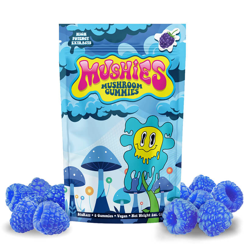  Mushies Wholesale Blue Raspberry Magic Mushroom Gummies front bag showing high potency, 10 gummies, flavor art, and logo design.
