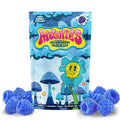  Mushies Wholesale Blue Raspberry Magic Mushroom Gummies front bag showing high potency, 10 gummies, flavor art, and logo design.
