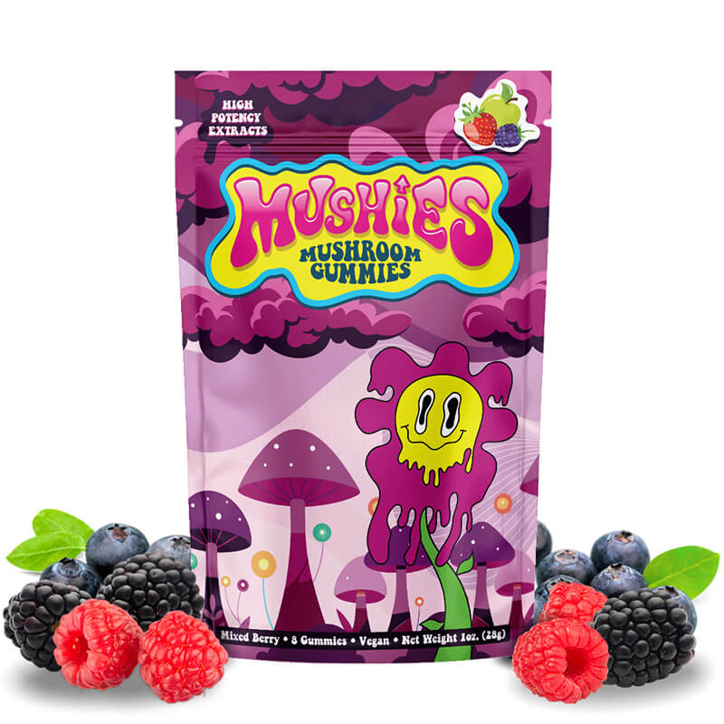  Mushies Wholesale Mixed Berry Magic Mushroom Gummies front bag showing high potency, 10 gummies, flavor art, and logo design.
