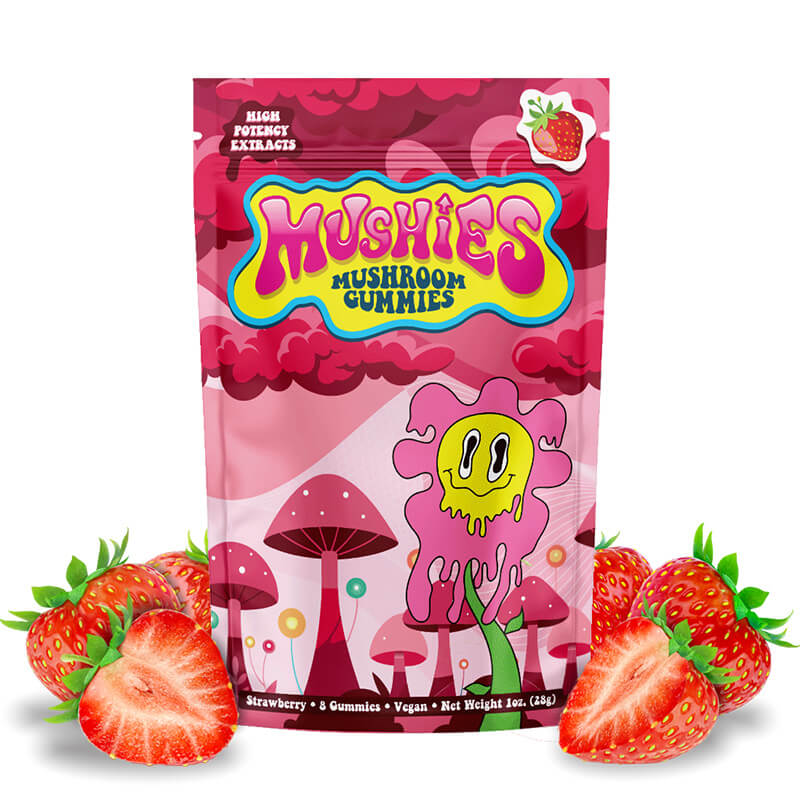  Mushies Wholesale Strawberry Magic Mushroom Gummies front bag showing high potency, 10 gummies, flavor art, and logo design.
