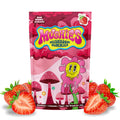  Mushies Wholesale Strawberry Magic Mushroom Gummies front bag showing high potency, 10 gummies, flavor art, and logo design.
