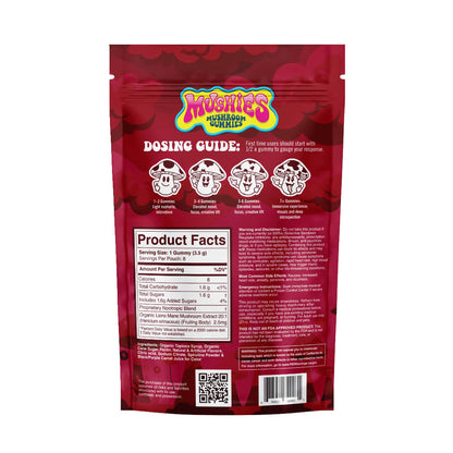  Mushies Wholesale Strawberry Magic Mushroom Gummies back packaging with nutrition facts, ingredients, dosing guide, and caution label.
