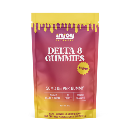 vegan delta 8 gummies with 50mg of delta 8 in each gummy. each pack has 20 gummies