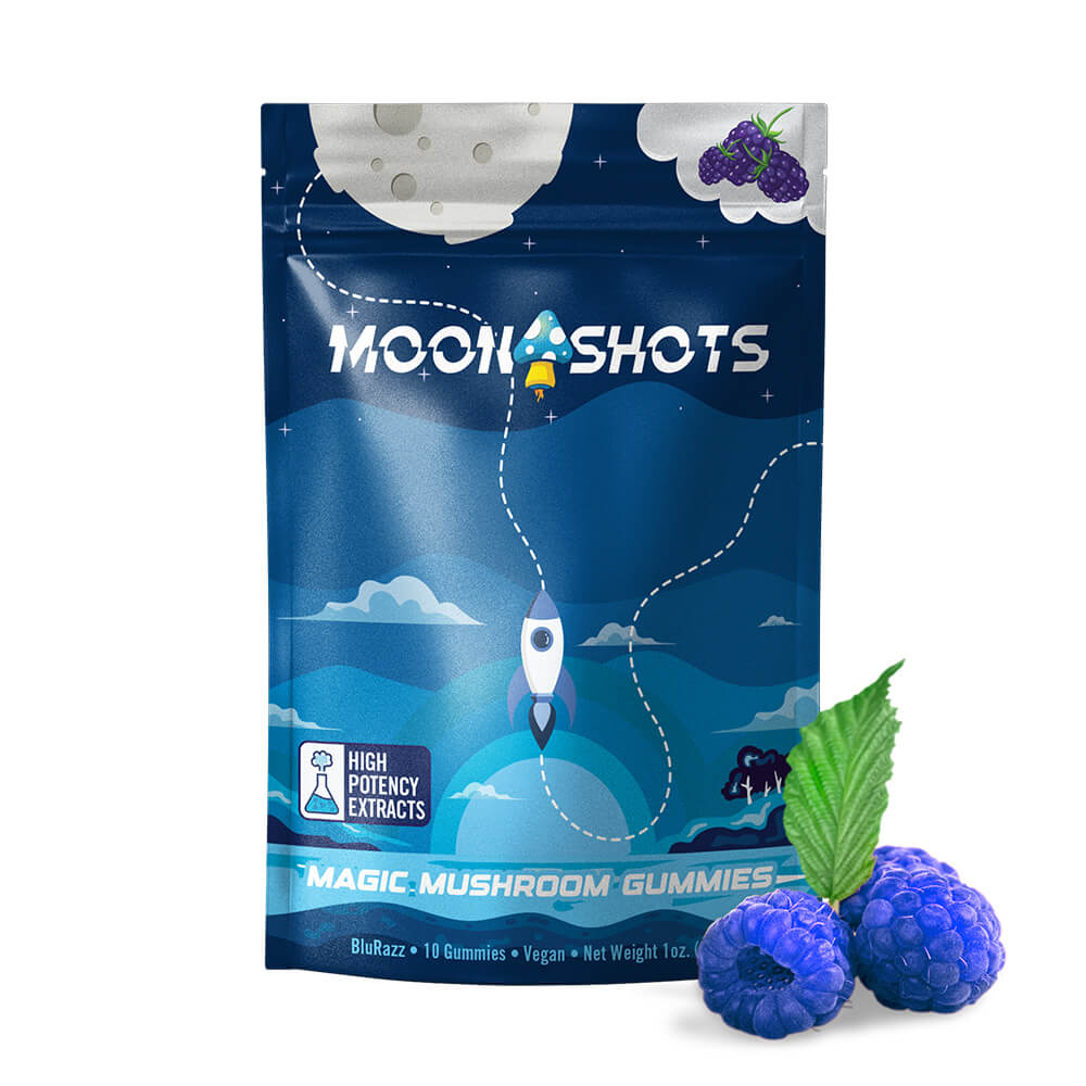 Moonshots Blue Raspberry-flavored wholesale mushroom gummies packaging.