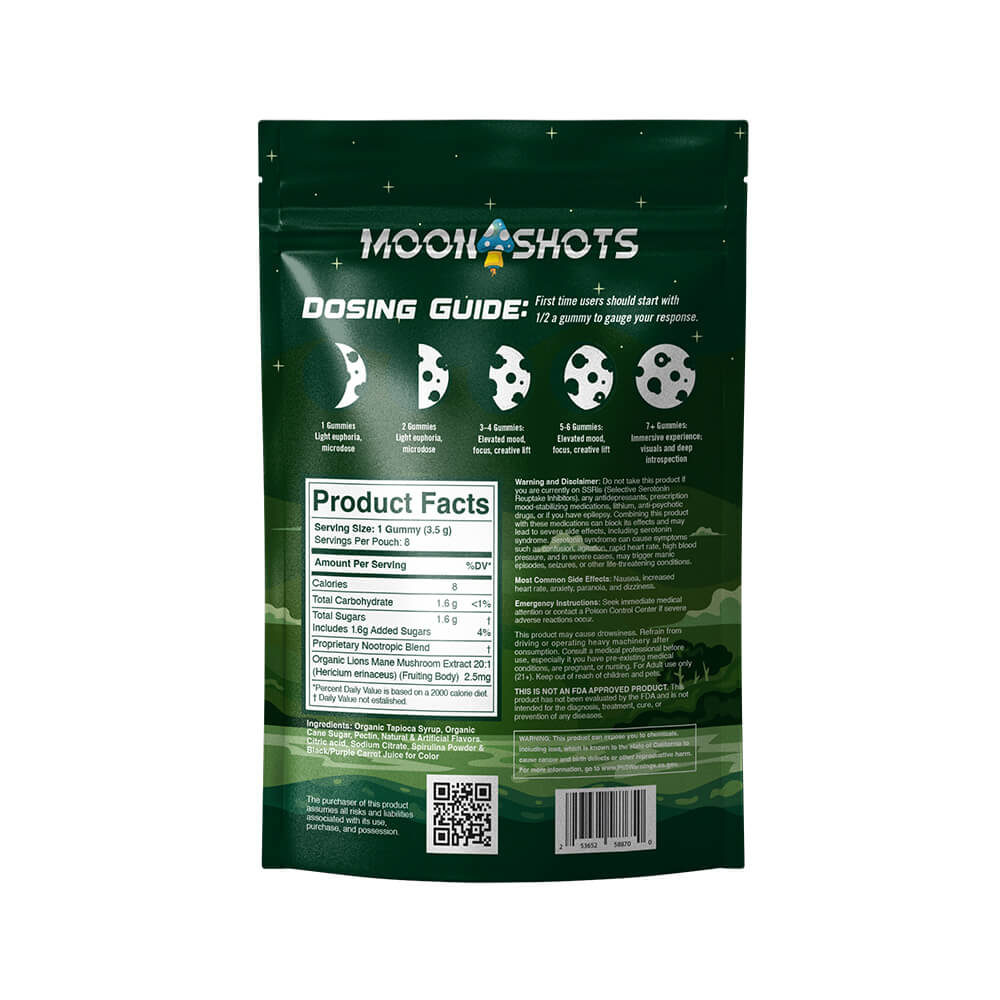 Moonshots apple-flavored wholesale mushroom gummies packaging showing the back of the bag with ingredients, dosing guide, product facts, QR code with the COA, and warnings. 
