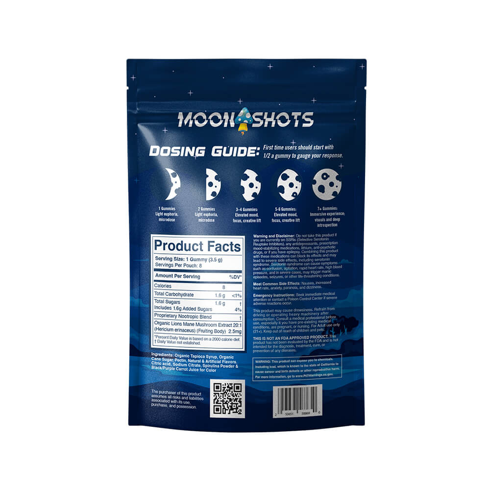 Moonshots Blue Raspberry-flavored wholesale mushroom gummies packaging showing the back of the bag with ingredients, dosing guide, product facts, QR code with the COA, and warnings. 