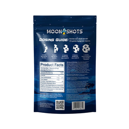 Moonshots Blue Raspberry-flavored wholesale mushroom gummies packaging showing the back of the bag with ingredients, dosing guide, product facts, QR code with the COA, and warnings. 