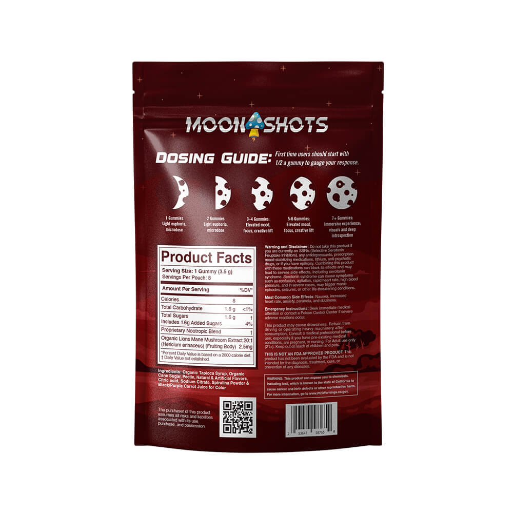 Moonshots Wildberry-flavored wholesale mushroom gummies packaging showing the back of the bag with ingredients, dosing guide, product facts, QR code with the COA, and warnings. 
