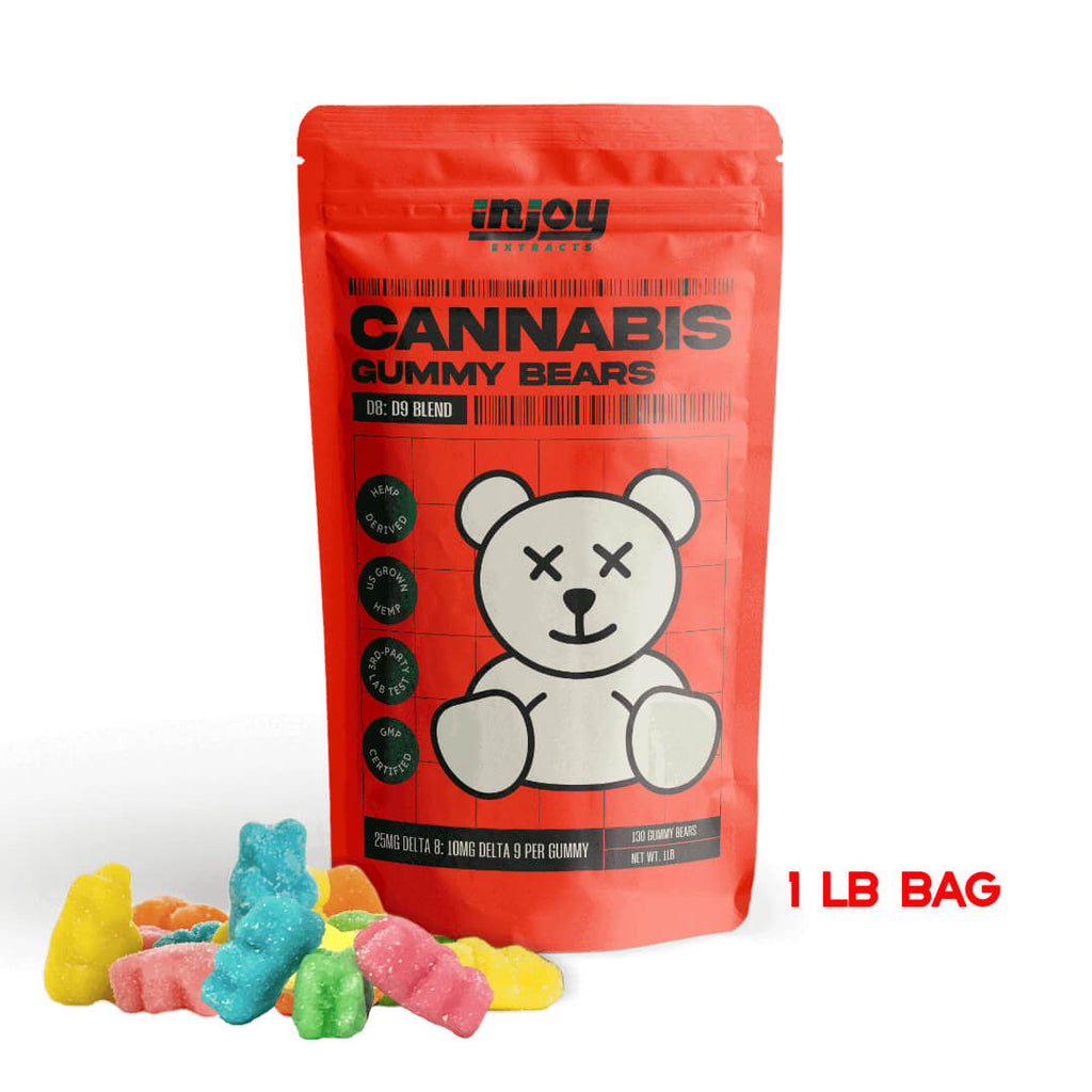 one pound bag of wholesale delta 8 + delta 9 gummy bears, each bear has 25mg of D8 and 10mg of D9 and there are 130 bears per bag