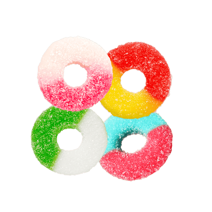 wholesale space gummy rings come in 4 flavors, watermelon, peach, apple, and neon